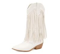 Galindopia Women's Mid Calf Boots Pointed Toe Chunky Block Heel Embroidered Half Cowgirl Boots Fringe Western Shoes Botas para Mujer White Size 39
