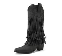 Galindopia Women's Mid Calf Boots Pointed Toe Chunky Block Heel Embroidered Half Cowgirl Boots Fringe Western Shoes Botas para Mujer Black Size 42