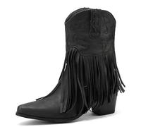 Galindopia Women's Mid Calf Boots Pointed Toe Chunky Block Heel Embroidered Half Cowgirl Boots Fringe Western Shoes Botas para Mujer Black Size 42