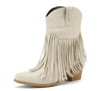 Galindopia Women's Mid Calf Boots Pointed Toe Chunky Block Heel Embroidered Half Cowgirl Boots Fringe Western Shoes Botas para Mujer White Size 39