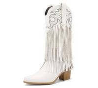 Galindopia Women's Mid Calf Boots Pointed Toe Chunky Block Heel Embroidered Half Cowgirl Boots Fringe Western Shoes Botas para Mujer White Size 39
