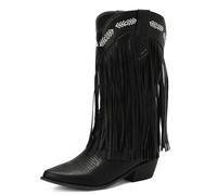 Galindopia Women's Mid Calf Boots Pointed Toe Chunky Block Heel Embroidered Half Cowgirl Boots Fringe Western Shoes Botas para Mujer Black Size 42