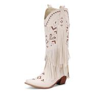 Galindopia Women's Mid High Boots Pointed Toe Chunky Block Heel Embroidered Cowgirl Boots Short Fringe Western Shoes Botas para Mujer White Size 39