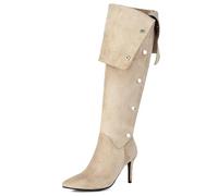 Galindopia Women's Suede Slouch Ruched Boots Metal Buckle Straps Mid Calf Stiletto Heel Pointed Toe Wide Calf Party Dressy Boots Pull On Fall Winter Apricot Size 46