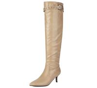 Galindopia Women's Suede Slouch Ruched Boots Metal Buckle Straps Mid Calf Stiletto Heel Pointed Toe Wide Calf Party Dressy Boots Pull On Fall Winter Apricot Size 40