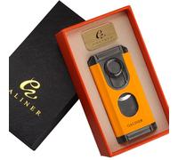 Galiner Travel 3 Jet Torch Flame Cigar Lighter with Cigar Guillotine cutter Cigar Holder Cigar Punch Cigar Needle Refillable Butane Windproof No Gas Gift Box (Orange)
