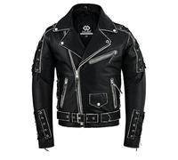 Gallanto Brando Style Antique Rub Off Lace Leather Jacket-Classic Black Cowhide -Quilted Lining-Zippered Cuffs-Adjustable Waist & Sleeves-Biker Jacket (UK, Alpha, XXL, Regular, Regular, BLACK)