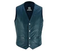Gallanto Mens Soft Black Leather Waistcoat, Party Fashion Designer Vest Stylish Real Soft Sheepskin Leather Waistcoats Snap Button (XXL, Navy Blue)