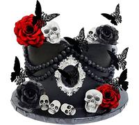 GallaRato Gothic Rose Skull Cake Topper, Black Butterfly Cake Topper, 21pcs Cake Decoration, Till Death Do Us Part, for Birthday, Wedding, Halloween Party