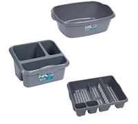 Plastic Large Kitchen Sink Set of 3 Rectangular Washing Up Bowl, Sink Tidy and Large Dish Drainer (Silver/Grey)