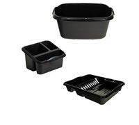 Galleries Plastic Large Kitchen Sink Set of 3 Rectangular Washing Up Bowl, Sink Tidy and Large Dish Drainer - Mid-night Black (Darkish Grey)