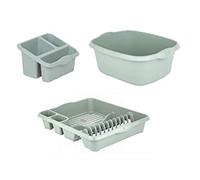 Plastic Large Kitchen Sink Set of 3 Rectangular Washing Up Bowl, Sink Tidy and Large Dish Drainer (Silver Sage)