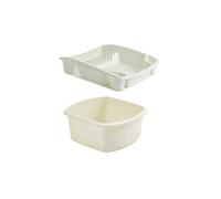 Galleries Plastic Small Washing up Bowl and Small Dish Drainer Rack Kitchen Plate Holder Set of 2 (Cream)
