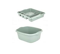 Set of 2 Plastic Rectangular Washing Up Bowl with Large Dish Drainer (Silver Sage)