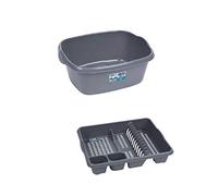 Galleries Set of 2 Rectangular Bowl And Large Dish Drainer Kitchen Storage Plastic Set (Silver/Grey)