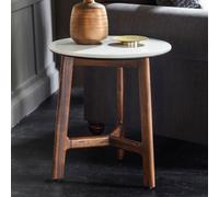 Gallery Barcelona Marble Top Side Table White Marble Surface, Solid Acacia Wood Base, Mid-Century Design, H55 X W50 Cm