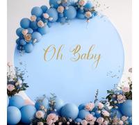 Gallety 7.2FT Baby Blue Round Backdrop Cover with Oh Baby Decal, Size Adjuster, Universal Fit for 5-7.2ft Circle Stand, Polyester Fabric Arch Cover for Wedding, Birthday Party, Photography Decor