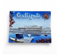 Gallipoli Decorative Magnet, Coastal Landscape with Boats, 3D Relief Art, Harbour View and Fortifications, Collectible Souvenirs, Blue and Silver Grey