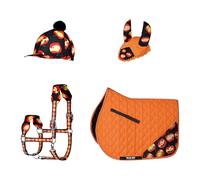 Gallop Shop Halloween Horse Riding Set, Pumpkin Print Design, Includes Saddle Pad, Halter, Cap and Ear Bonnet (Whole Se, Cob/Pony)