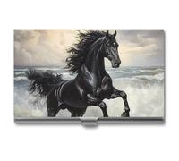 Galloping Black Horse Seaside Business Card Wallet Credit Card Holder Metal Square Small Pocket Purse