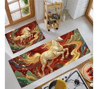 Galloping Horse Lines Kitchen Rug Set 2 Piece, Non Slip Anti Fatigue Red Kitchen Mat, Machine Washable Chinese Style Illustration Floor Mat, for Hallway Dining Room Home Decoration 50x80cm+50x150cm