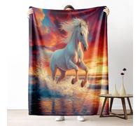 Galloping Horse Throw Blanket for Couch, White Horse Flannel Blanket 50"x60" Lightweight, Sunset Beach Scenic Blanket for Bed, Warm Soft Cozy Washable Bedding for All Season