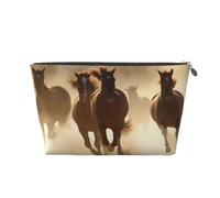 Galloping Running Horses Printed Toiletry Bag for Women Girl Portable Travel Cosmetic Bag Leather Makeup Pouch Organizer with Silver Zipper