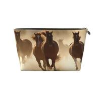 Galloping Running Horses Printed Toiletry Bag for Women Girl Portable Travel Cosmetic Bag Leather Makeup Pouch Organizer with Gold Zipper