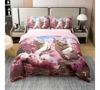 Galloping Tiger 100% Cotton Duvet Cover,Natural Wild Animal Fantasy Floral Super Soft Comforter Cover(No Filler),Pink Cherry Blossom Romantic Flowers 3Pcs Bedding Set,Double Size