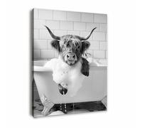 Galmcook Bathroom Wall Art Framed Canvas, Funny Highland Cow in Bathtub Decor, Animal Canvas Artwork for Bathroom, Farmhouse Pictures and Prints with Hooks and Magic Tape, 12x16 Inch