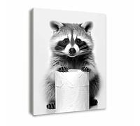 Galmcook Bathroom Wall Art Framed Canvas, Funny Raccoon Toilet Decor, Animal Canvas Artwork for Bathroom, Humorous Pictures and Prints with Hooks and Magic Tape, 12x16 Inch