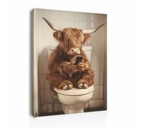Galmcook Framed Canvas Wall Art 12x16 Inch Highland Cow Bathroom Wall Art Funny Toilet Wall Decoration Animal Canvas Bathroom Pictures and Prints with Hooks and Magic Tape