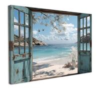 Galmcook Framed Canvas Wall Art 12x16 Inch Ocean Beach Window View Artwork Coastal Wall Canvas Pictures for Living Room Bedroom Hallway Wall Decoration Prints with Hooks Magic Tape and Nails