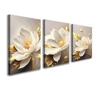 Galmcook Set of 3 Canvas Wall Art, Elegant White and Gold Floral Artwork, Modern 3D Flower Wall Decoration for Living Room or Bedroom, Textured Canvas Prints with Hooks and Magic Tape, 12x16 Inch