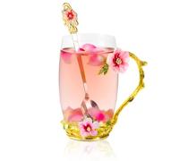Galmcook Unique Enamelled Glass Tea Cup 320ml with Floral Pattern - Birthday Gift for Women, Mum, Sister, Friend, Teacher - Mother's Day, Christmas & Valentine's Present