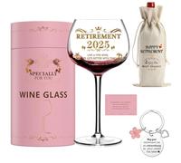 GALOFAY 2025 Retirement Gifts for Women, Personalized Art Words Red Wine Glass Set, Pink Gift Package with Goblet, Key Chain, Wine Bag, and Farewell Card for Retired Woman