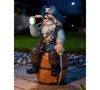GaloTrek Solar Garden Gnome Statues Funny Resin Pirate Gnome Decorations Sitting on Wine Barrel Outdoor Figurines for Yard Patio Mom Gift