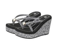 GALPADA 1 Pair Women Summer Sequins Diamond High Heeled Flip Flops Stylish Beach Sandals Comfortable Skid Resistant Slippers for Various Occasions for Her Black