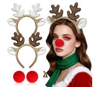GALPADA 2 Sets Reindeer Antler Headbands and Rudolph Nose Costume Set - Deer Antler Headbands for Christmas, Festive Headpiece for Family Parties and School Events