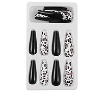 GALPADA 24pcs Women Long False Nails with Black Leopard Pattern Coffin Shape, Fashionable Nail Art, Easy to Apply Abs Material for Holiday Events at Home Use