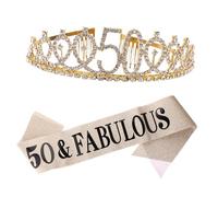 GALPADA 2pcs 50th Birthday Tiara and Sash Set - Elegant Golden Rhinestone Crown and Luxurious Satin Sash for Queen Celebration - Perfect for 50th Birthday Party Decorations and Favors