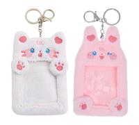 GALPADA 2pcs Fuzzy Plush Photocard Holder Keychain with Secure Metal Rings Compact Cartoon Cat Bunny Design for Id Cards Name Tags and Photo Card Organization Gift for Students and Women