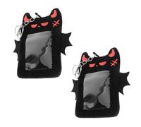 GALPADA 2PCS Halloween Plush Devil Wings Card Holder Keychain, Black Fuzzy Photocard Sleeve Protector with Bat Design for Students, K-Pop ID Badge, Cute Card Cover and Pendant