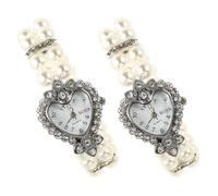GALPADA 2pcs Women S Quartz Wristwatch with Double Row Elastic Faux Pearl Bracelet Crystal Beaded Analog Watch Elegant Bling Fashion Accessory for Mothers Wives and Daughters