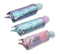 GALPADA 3Pc Transparent Sequin Pencil Case Glittery Cartoon Stationery Organizer Cosmetic Pouch for School Office Includes Pink Green Purple Compact and Spacious Storage