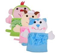 GALPADA 3pcs Cartoon Animal Bath Gloves for Baby and Toddler, Soft Body Scrubbing Mitts with Foam, Cute Blue Cat Pink Cow Design, Portable Baby Bath Scrubber for Gentle