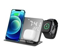GALPADA 4-In-1 Wireless Charger Station with LED Digital Clock and Temperature Display Fast Charging Stand for Phones, Smartwatches, Earbuds, Suitable for Desk, Kitchen, and Bedside