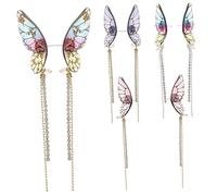 GALPADA 4 Pairs Long Butterfly Wing Earrings for Women and Lightweight Dangle Tassel Chains Elegant Design Including Rainbow Gold Foil Pink Glitter Blue and Silver Rhinestone Accents