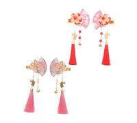 GALPADA 4PCS Japanese-inspired Tassel Hair Clips with Jingling Bells Lightweight Vintage Floral Side Barrettes for Bridal Kimono Wedding and Traditional Costume Accessories
