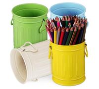 GALPADA 4pcs Metal Pen Organizer Buckets with Dual Handles for Desk and Wall in Warm White Light Blue Light Green Yellow Spacious Desktop Storage for Makeup and Stationery Supplies